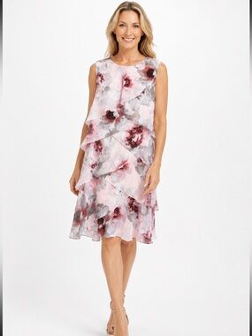 SLNY Pink Tiered Sleeveless Floral Flared Dress 12 NWOT